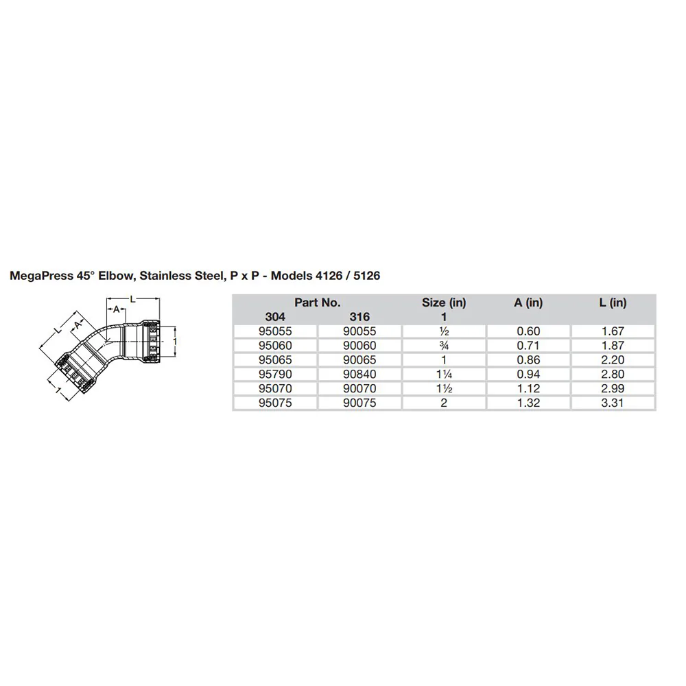 Viega MegaPress 1-1/2" 45 Stainless Steel 304 Elbow - Double Press Connection - Smart Connect Technology [95070] - Image 2